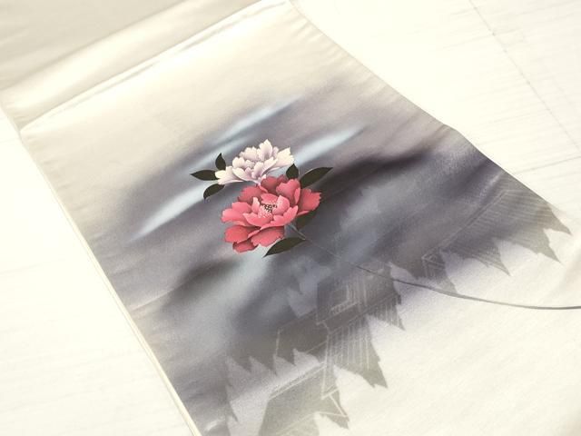 平和屋着物◎太鼓柄袋帯 手描き 枝牡丹 銀彩 引箔 正絹 逸品