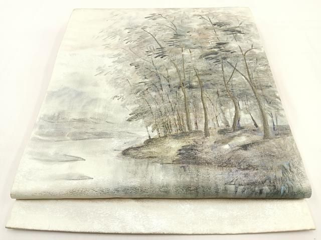 平和屋着物◎太鼓柄袋帯 手描き 刺繍 樹林文 引箔 正絹 逸品