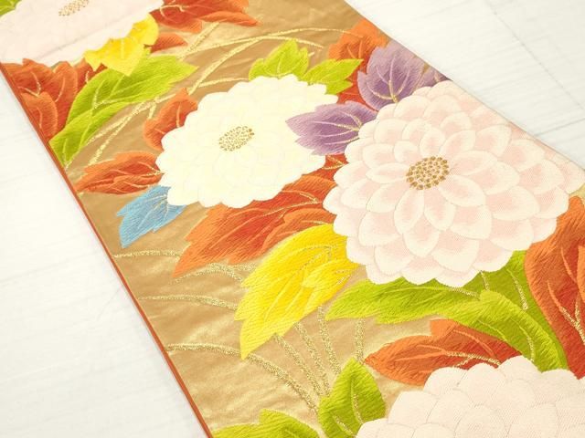 平和屋着物◎六通柄袋帯 唐織 草花文 菊 金糸 正絹 逸品 DABA3178qa