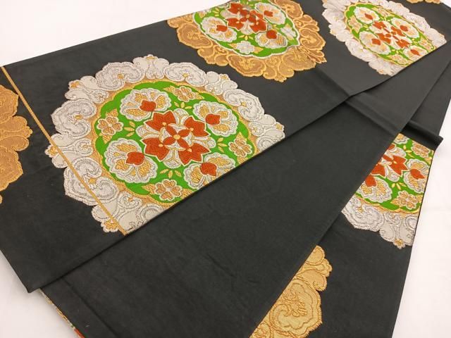 平和屋着物◎六通柄袋帯 唐織 正倉院花文 黒地 金銀糸 正絹 逸品