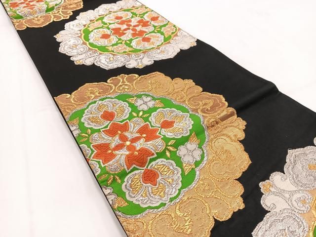 平和屋着物◎六通柄袋帯 唐織 正倉院花文 黒地 金銀糸 正絹 逸品