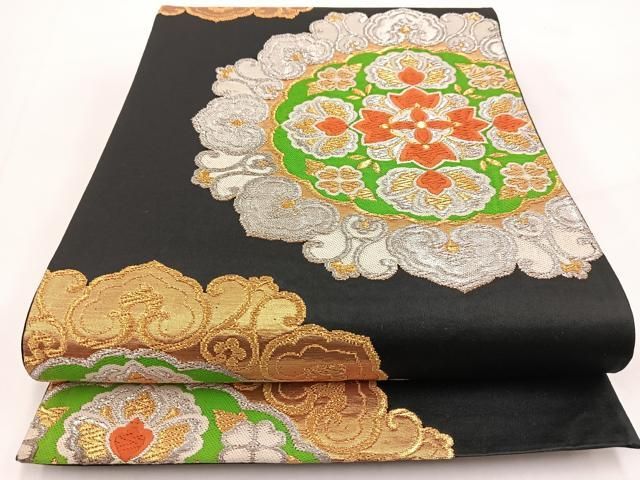 平和屋着物◎六通柄袋帯 唐織 正倉院花文 黒地 金銀糸 正絹 逸品