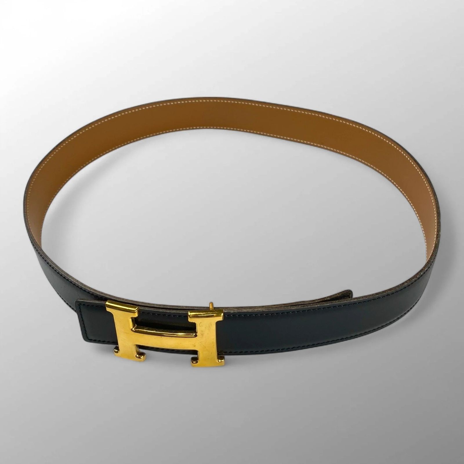 鑑定済 HERMES エルメス コンスタンス Hバックル レザーベルト 〇Y刻印 ブラック×ベージュ 75 cm