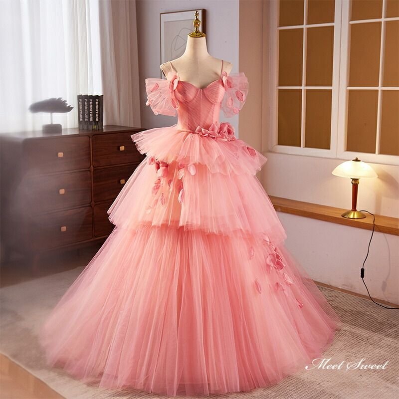 ドレス プリンセスドレス ピンク チュール パーティードレス ウェディングドレス ウエディングドレス 結婚式 二次会 花嫁 前撮り 演奏会 発表会 ロングドレス 披露宴 ブライダル ステージドレス 成人式 卒業式 コンサート 舞台 演出 イブニングドレス