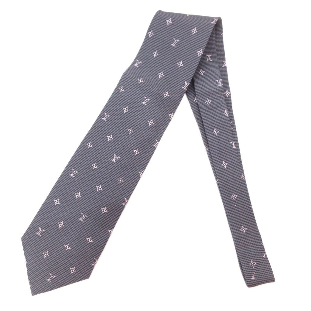 ルイヴィトン LOUIS VUITTON ネクタイ レギュラータイ モノグラム 絹 シルク 紺 ネイビー ピンク JS IBO 83