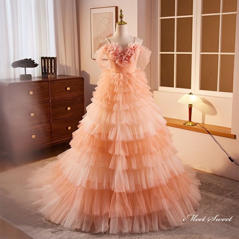 ドレス プリンセスドレス オレンジ チュール パーティードレス ウェディングドレス ウエディングドレス 結婚式 二次会 花嫁 前撮り 演奏会 発表会 ロングドレス 披露宴 ブライダル ステージドレス 成人式 卒業式 コンサート演出 イブニングドレス