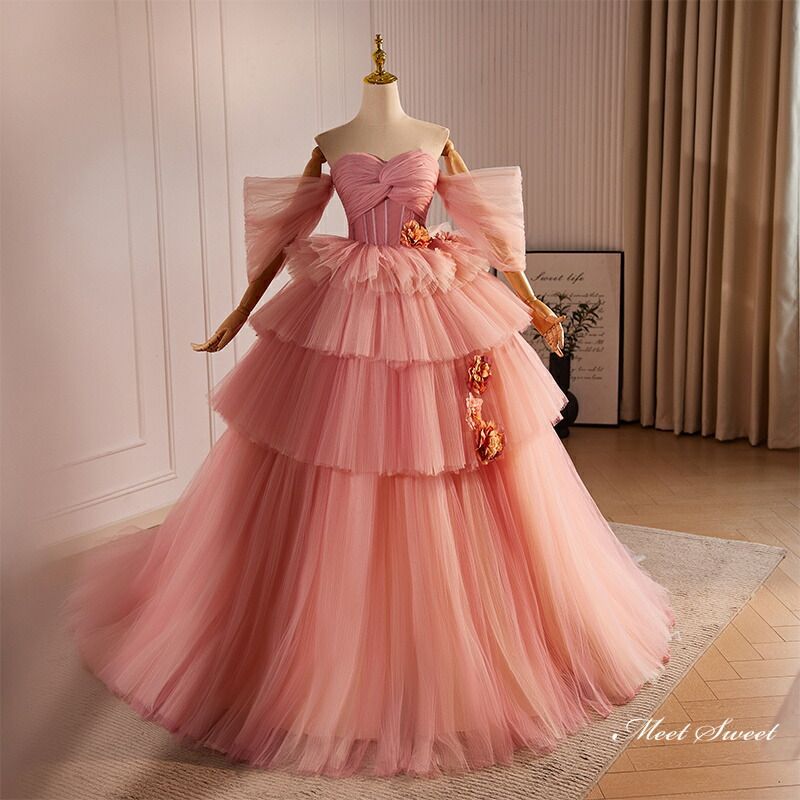 カラードレス プリンセスドレス ピンク チュール パーティードレス
