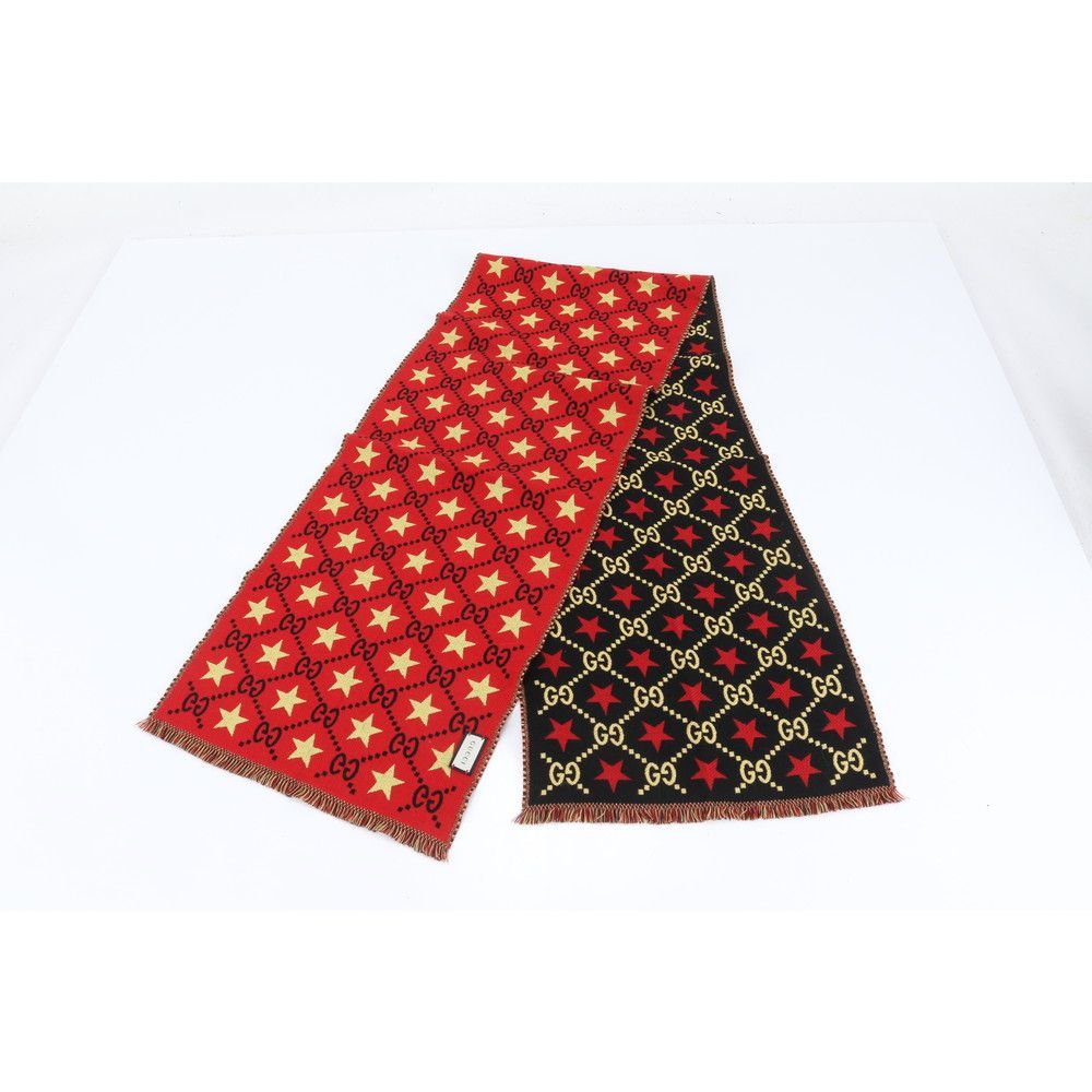 グッチ GG スター マフラー ウール フリンジ レッド ブラック メンズ レディース RRM DE 4 8