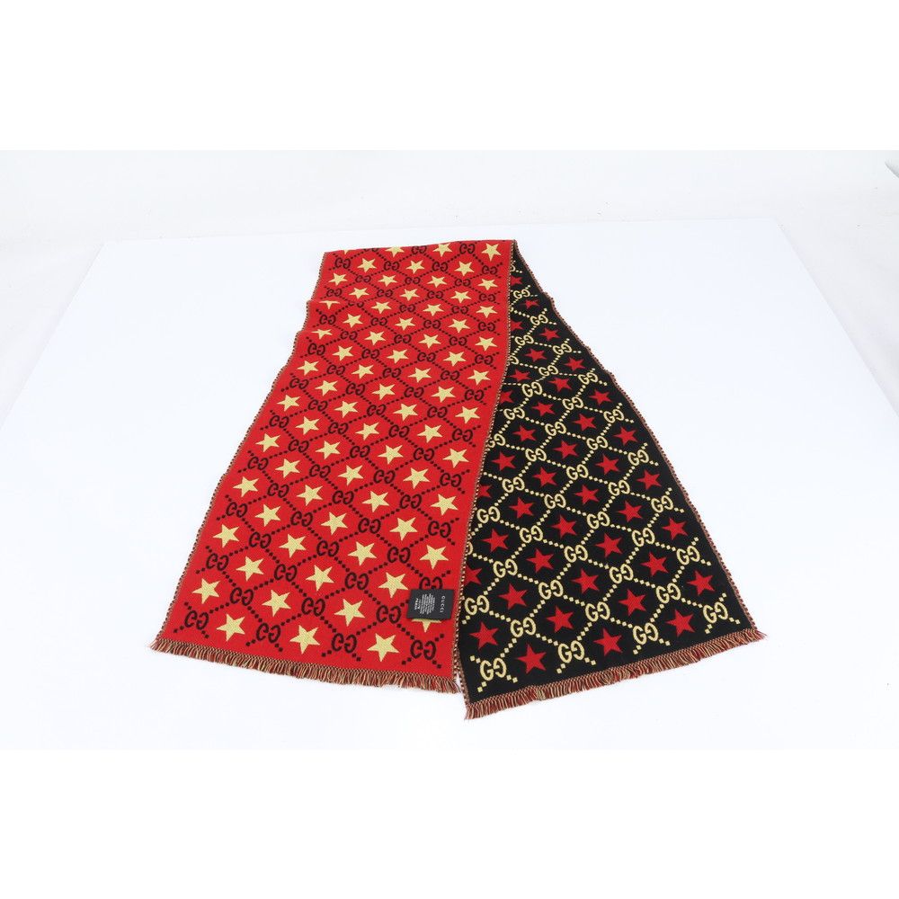 グッチ GG スター マフラー ウール フリンジ レッド ブラック メンズ レディース RRM DE 4-8