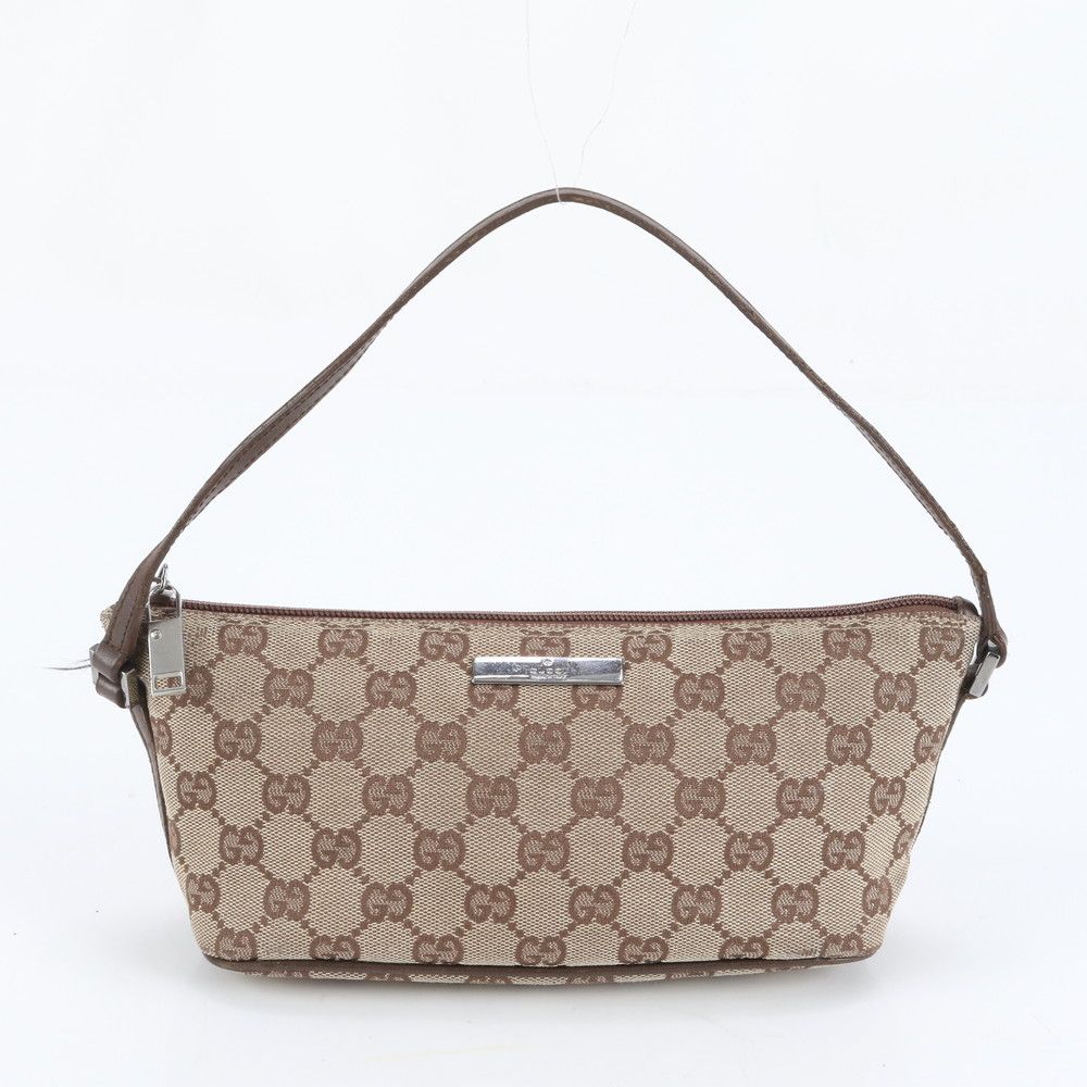 美品 グッチ GGキャンバス 07198 レザー ハンドバッグ ポーチ ブラウン