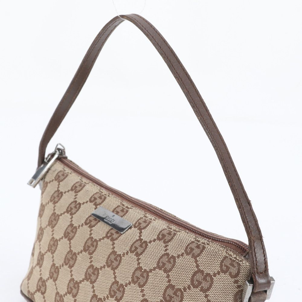 極美品 グッチ アクセサリーポーチ GGキャンバス ハンド レザー 焦げ茶 GUCCI グッチ ミニハンドバッグ GGアクセサリーポーチ GGキャンバス