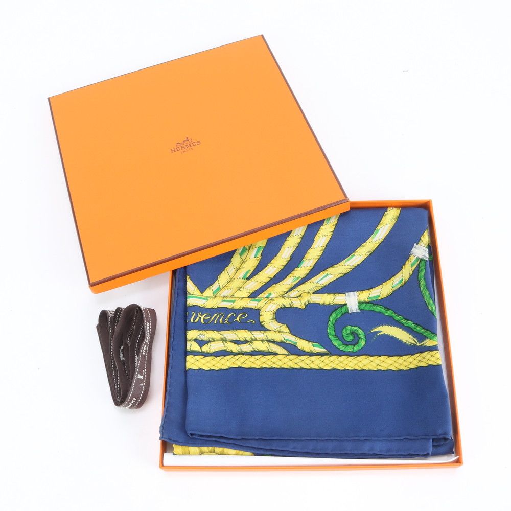 極美品 エルメス カレ 90 JOUVENCE 青春 ブルー フラワー スカーフ