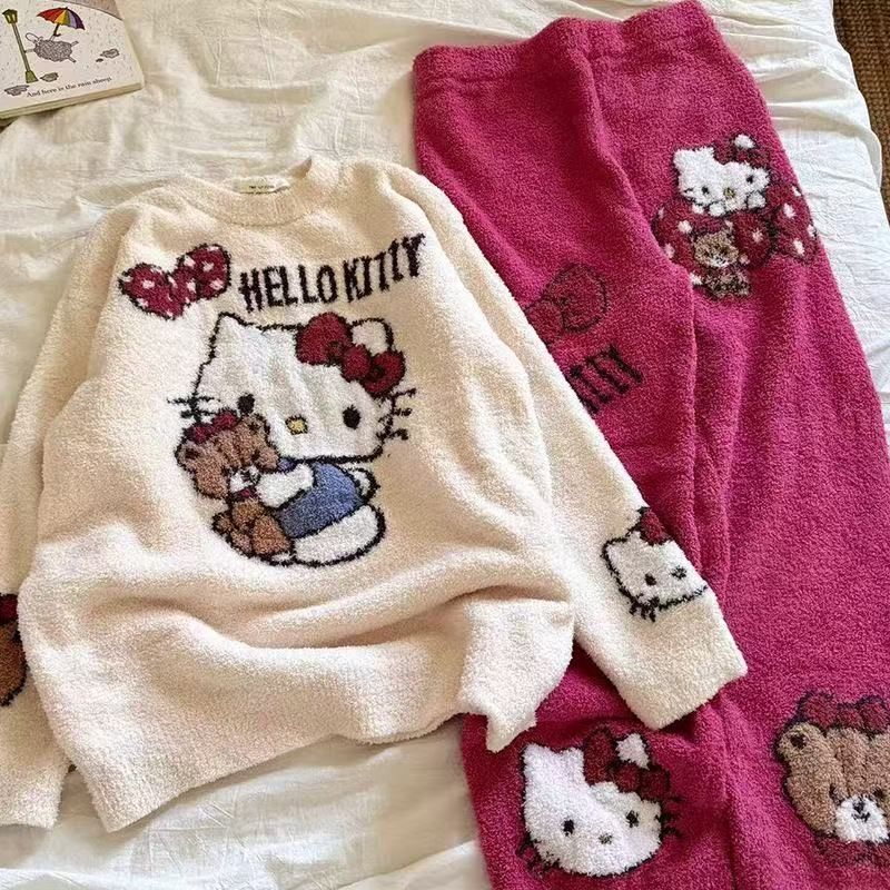 ハローキティ 蝴蝶结 半边绒 もこもこ ルームウェア 上下セット 秋冬 保温 加绒 厚手 フリーサイズ