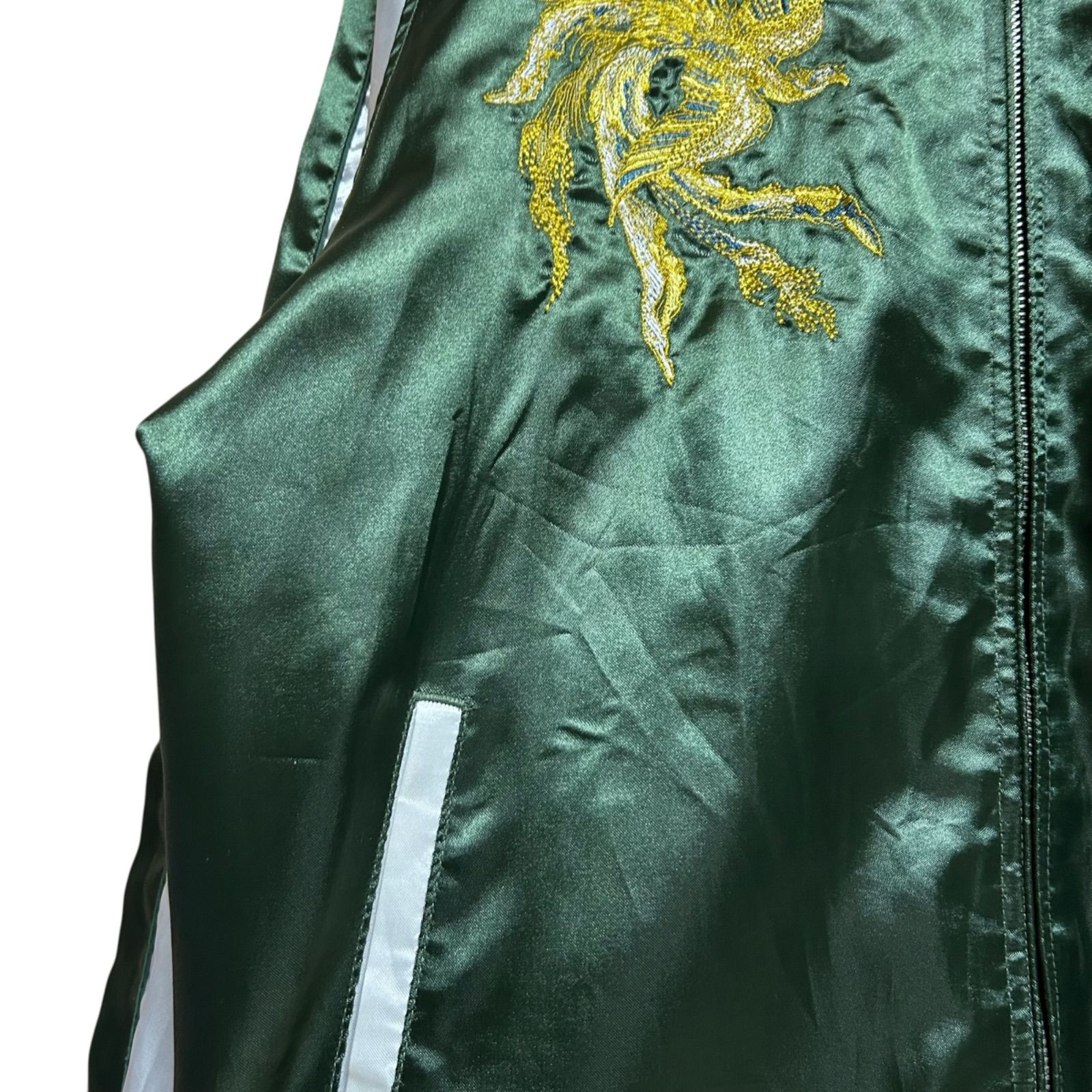 美品 3L 一心如鏡 スカジャン 和柄 鳳凰 刺繍 深緑×シルバー 大きい