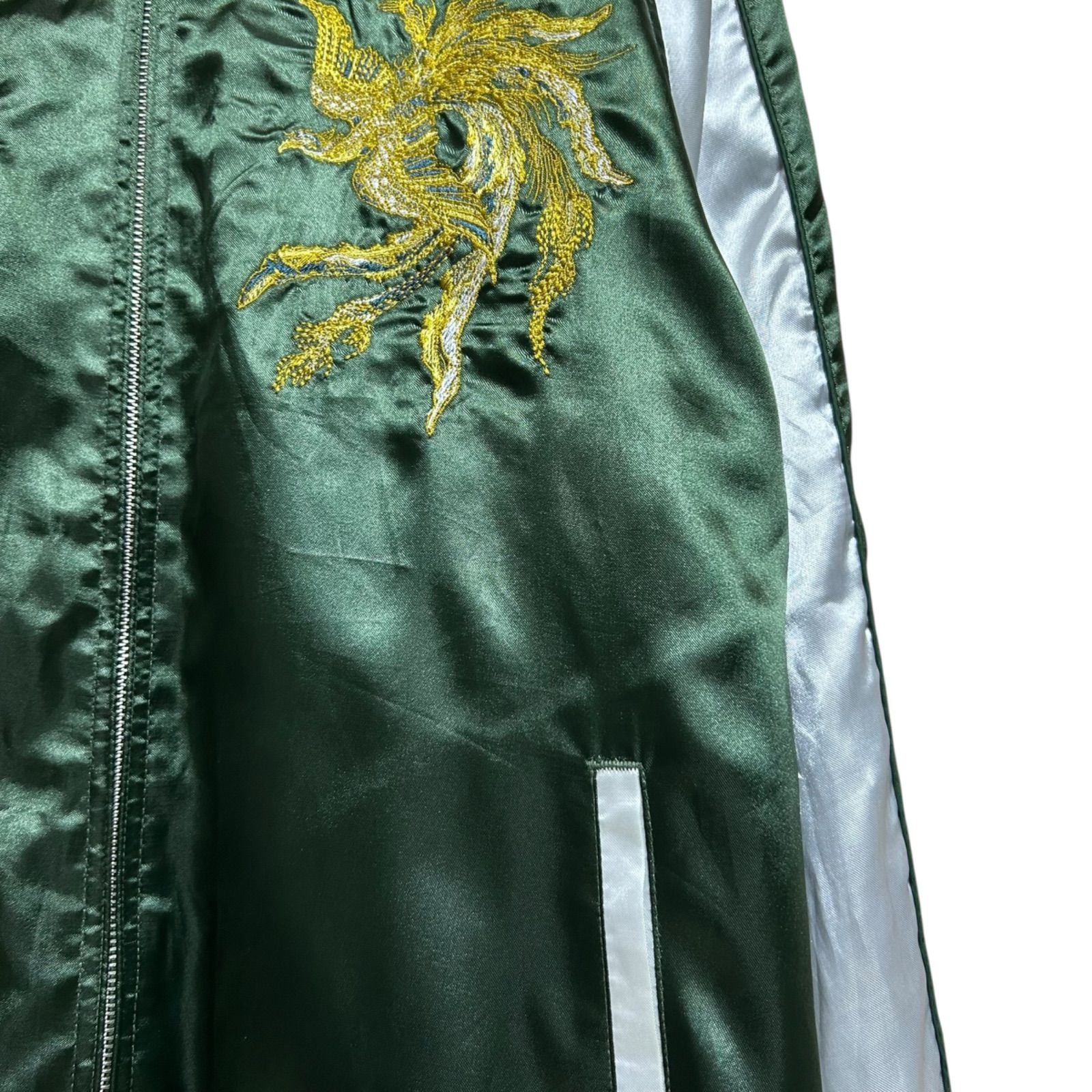 美品 3L 一心如鏡 スカジャン 和柄 鳳凰 刺繍 深緑×シルバー 大きい