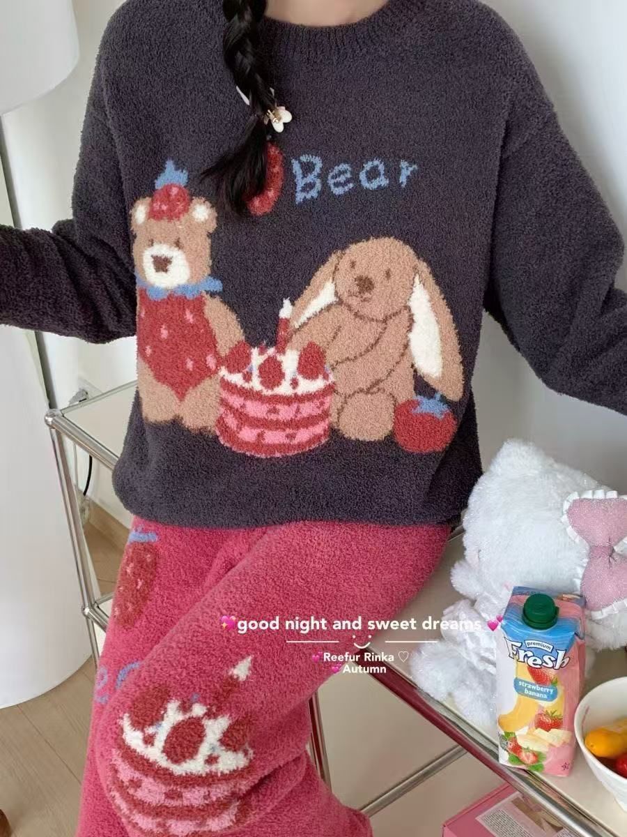  ブラック ケーキ柄 くま＆うさぎ もこもこ 半边绒 ルームウェア 上下セット 秋冬 保温 外着OK フリーサイズ その他 ルームウェア パジャマ