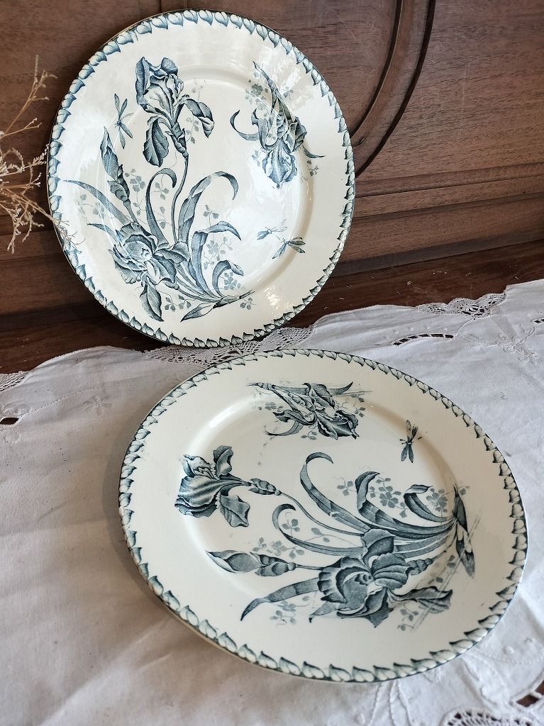 フランス アンティーク Badonviller Iris アイリス 絵付き 陶器 1900年 皿 セット