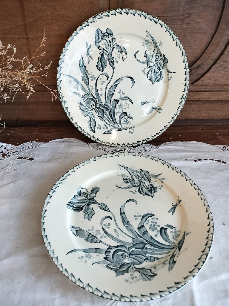 フランス アンティーク Badonviller Iris アイリス 絵付き 陶器 1900年 皿 セット