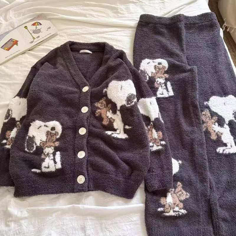 もこもこ 犬柄 半边绒 カーディガン ルームウェア 上下セット 秋冬 加绒 厚手 あったか フリーサイズ