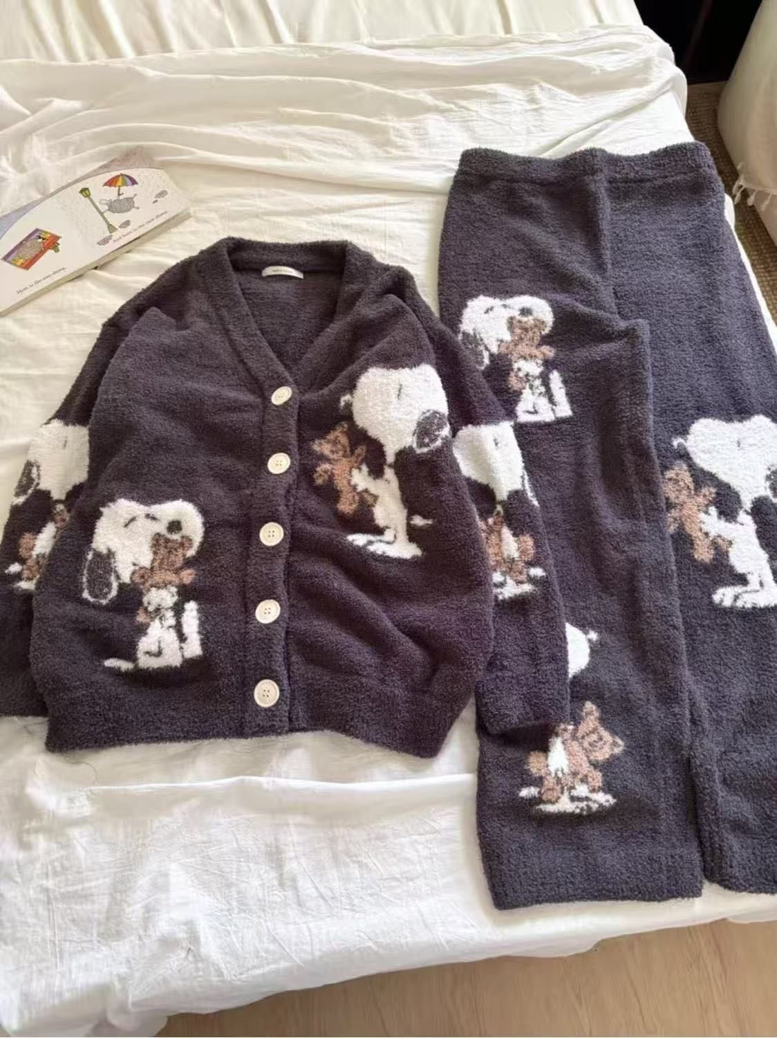 もこもこ 犬柄 半边绒 カーディガン ルームウェア 上下セット 秋冬 加绒 厚手 あったか フリーサイズ