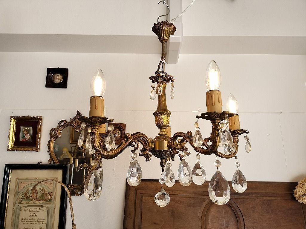 フランス アンティーク 5灯 装飾 ガラスドロップ シャンデリア 照明