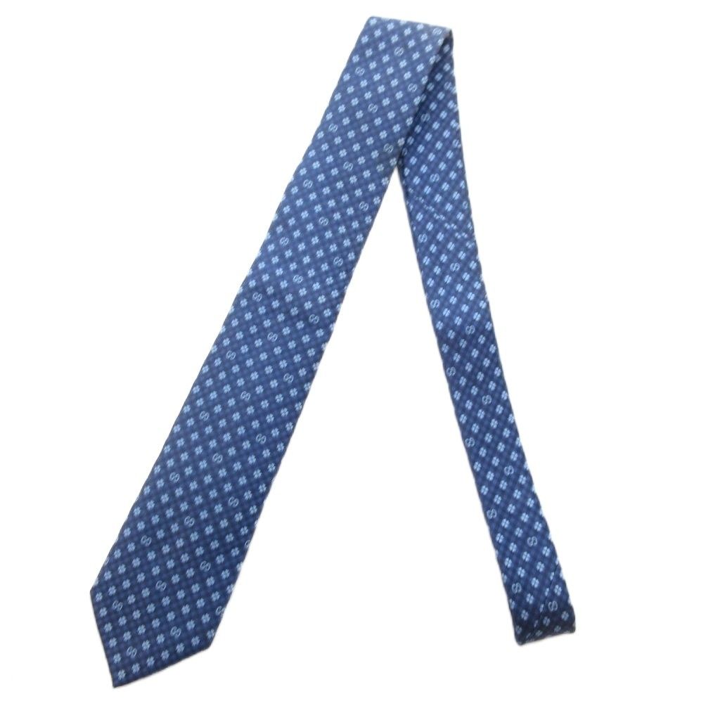 グッチ GUCCI ネクタイ レギュラータイ GGロゴ チェック 絹 シルク 青 ブルー JS IBO 83