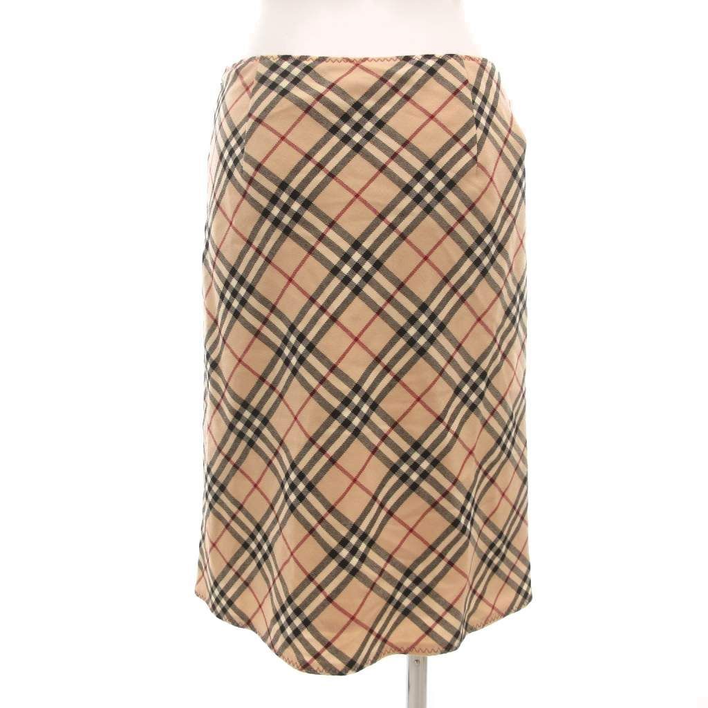 バーバリーブルーレーベル BLUE LABEL 台形スカート ノバチェック ひざ丈 36 ベージュ 黒 ブラック 赤 レッド IBO 85 YJ