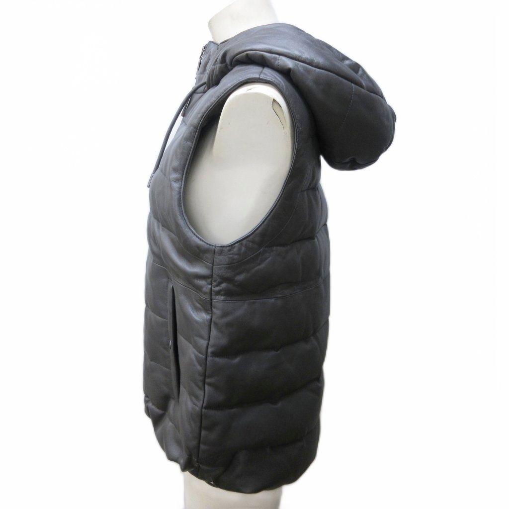 元町ゼラール Zelal ソフトラムレザー ラウンドヘムアクセント フーディー ダウンベスト 羊革 M セピア 244-4388 1207