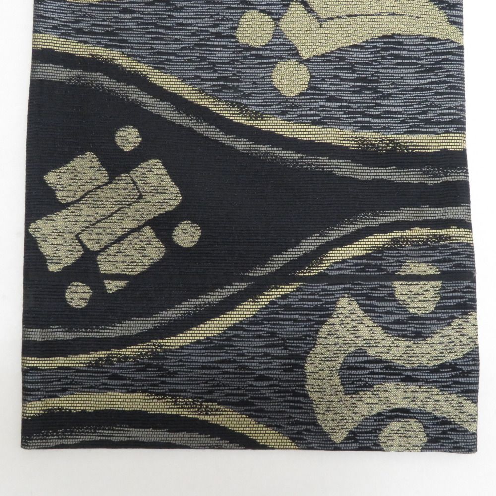  袋帯 正絹 洒落袋帯 抽象柄 黒色ｘカーキ色 六通柄 仕立て上がり 着物帯 長さ440 cm 名古屋帯 帯