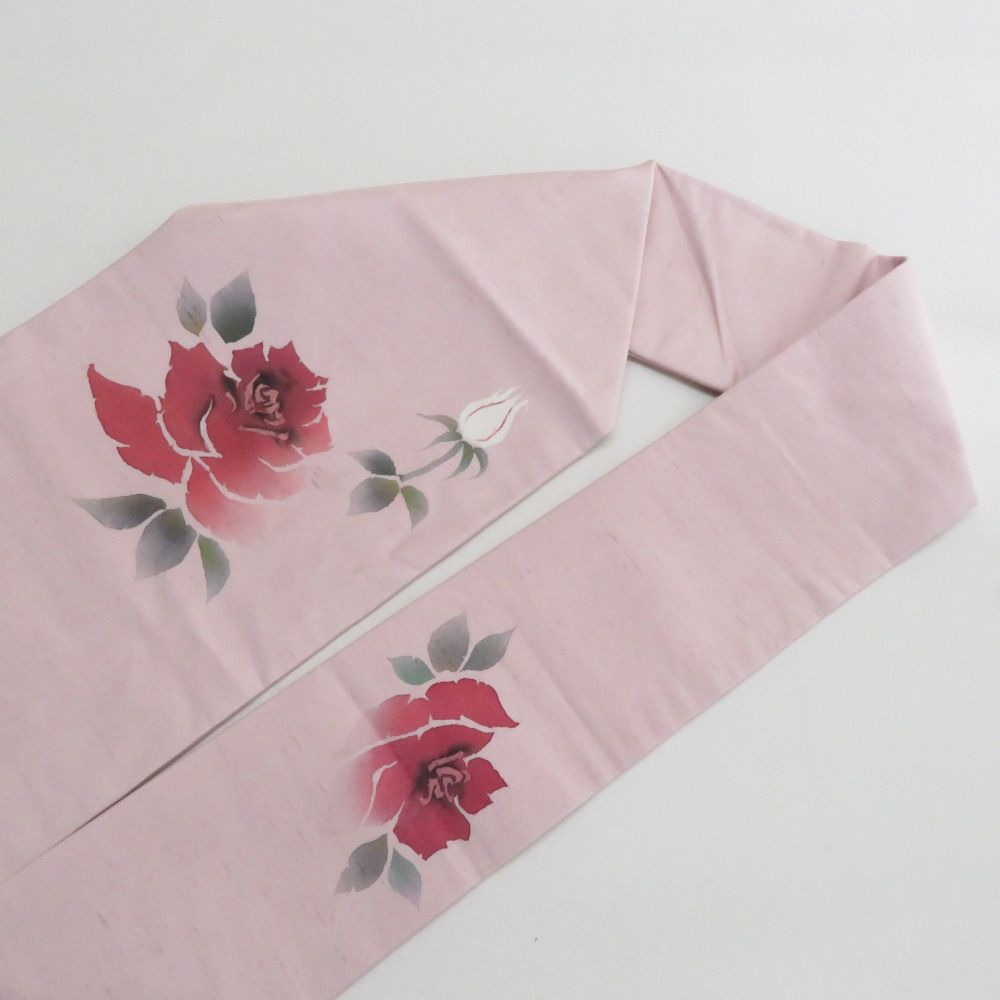 名古屋帯 紬 染め模様 ピンク色ｘ緑色 薔薇文様 落款入り 正絹 お太鼓柄 カジュアル 仕立て上がり 着物帯 長さ370 cm