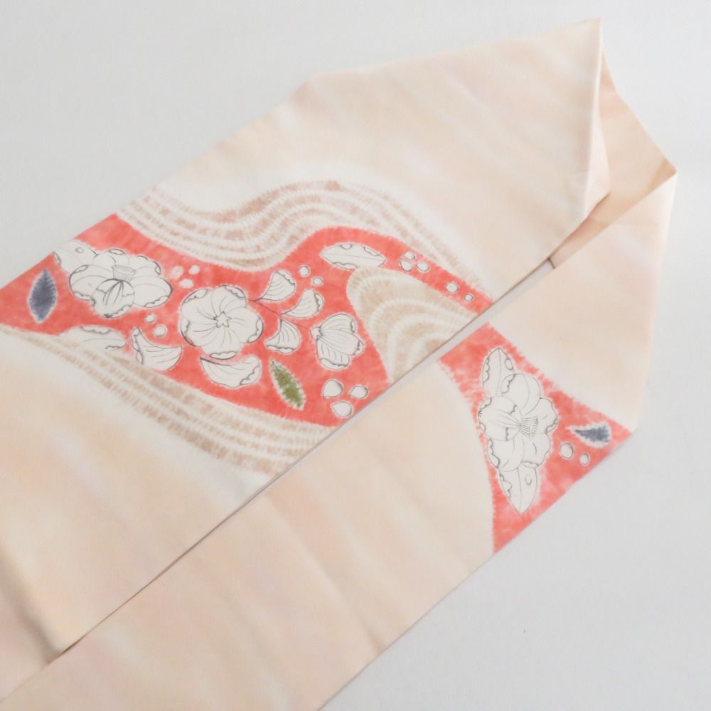 名古屋帯 塩瀬 ぼかし染め 薄オレンジ色x白色 辻が花調 花に流水紋様