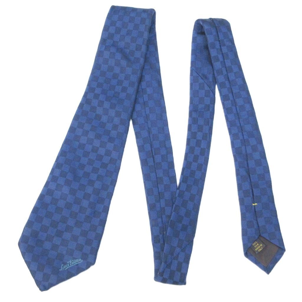 ルイヴィトン LOUIS VUITTON ダミエ クラヴァット HAWAII ハワイ ネクタイ シルク チェック ロゴ 刺繍 レギュラータイ 青 ブルー 系 IBO 85 1207