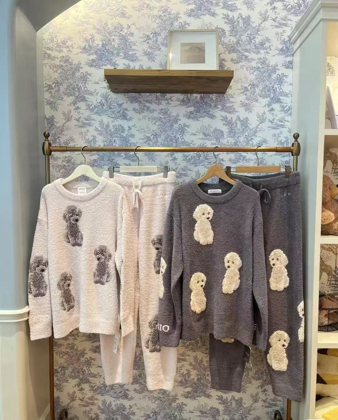 冬 もこもこ テディベア 犬柄 半边绒 ルームウェア 上下セット 静電気防止 外着OK フリーサイズ 展開