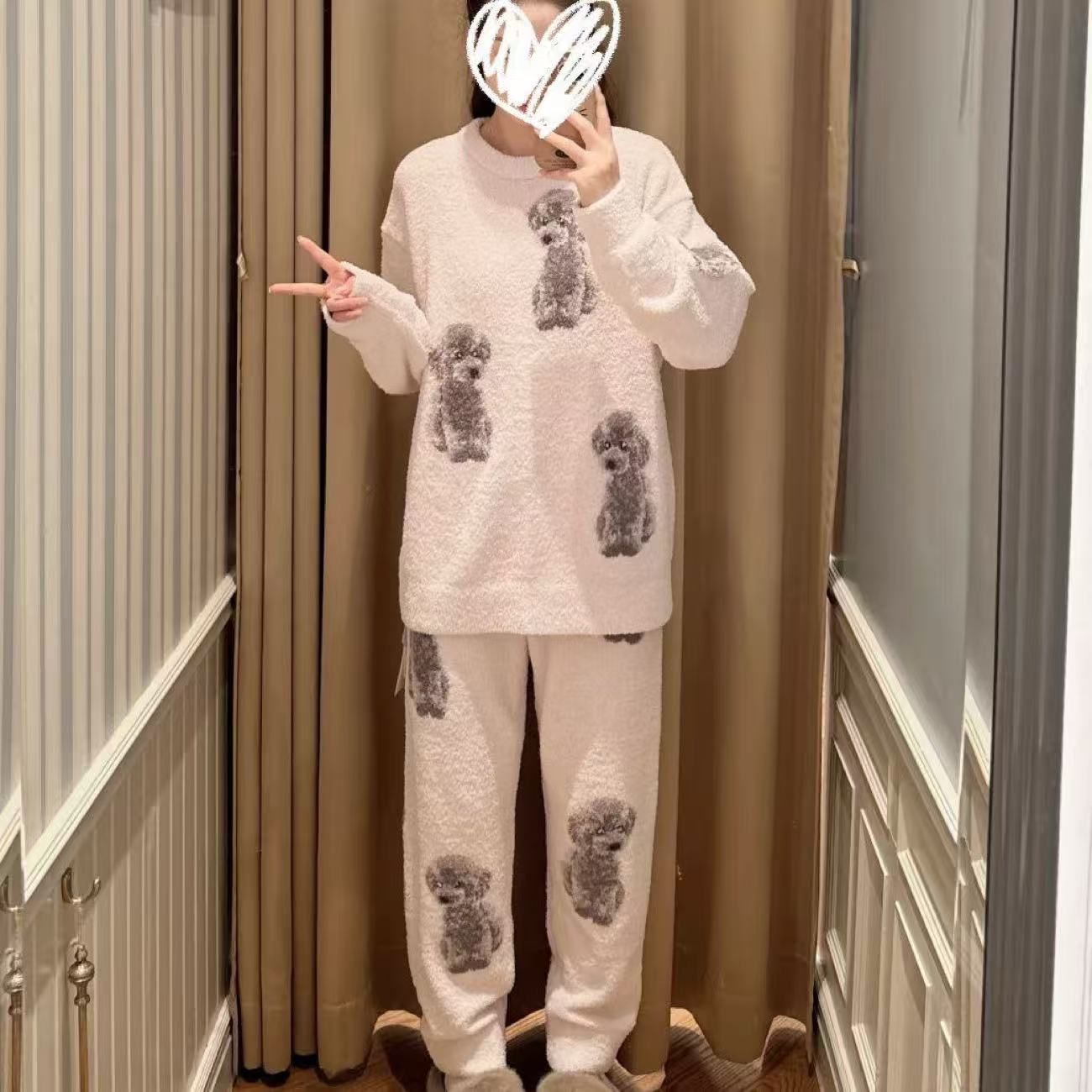  冬 もこもこ テディベア 犬柄 半边绒 ルームウェア 上下セット 静電気防止 外着OK フリーサイズ 展開 その他 ルームウェア パジャマ