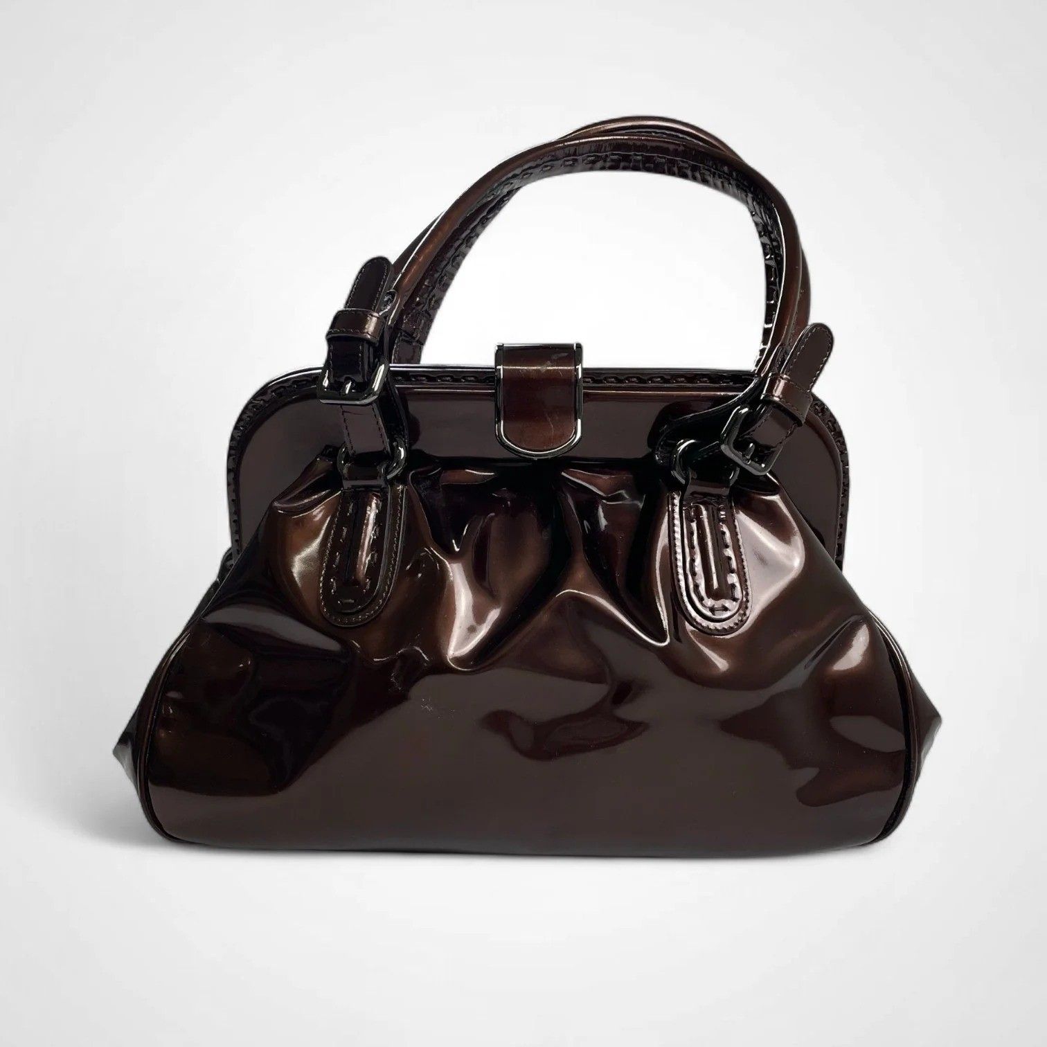 GIORGIO ARMANI ジョルジオ アルマーニ パテントレザー ギャザードハンドバッグ がま口 YGW 559 ブロンズ