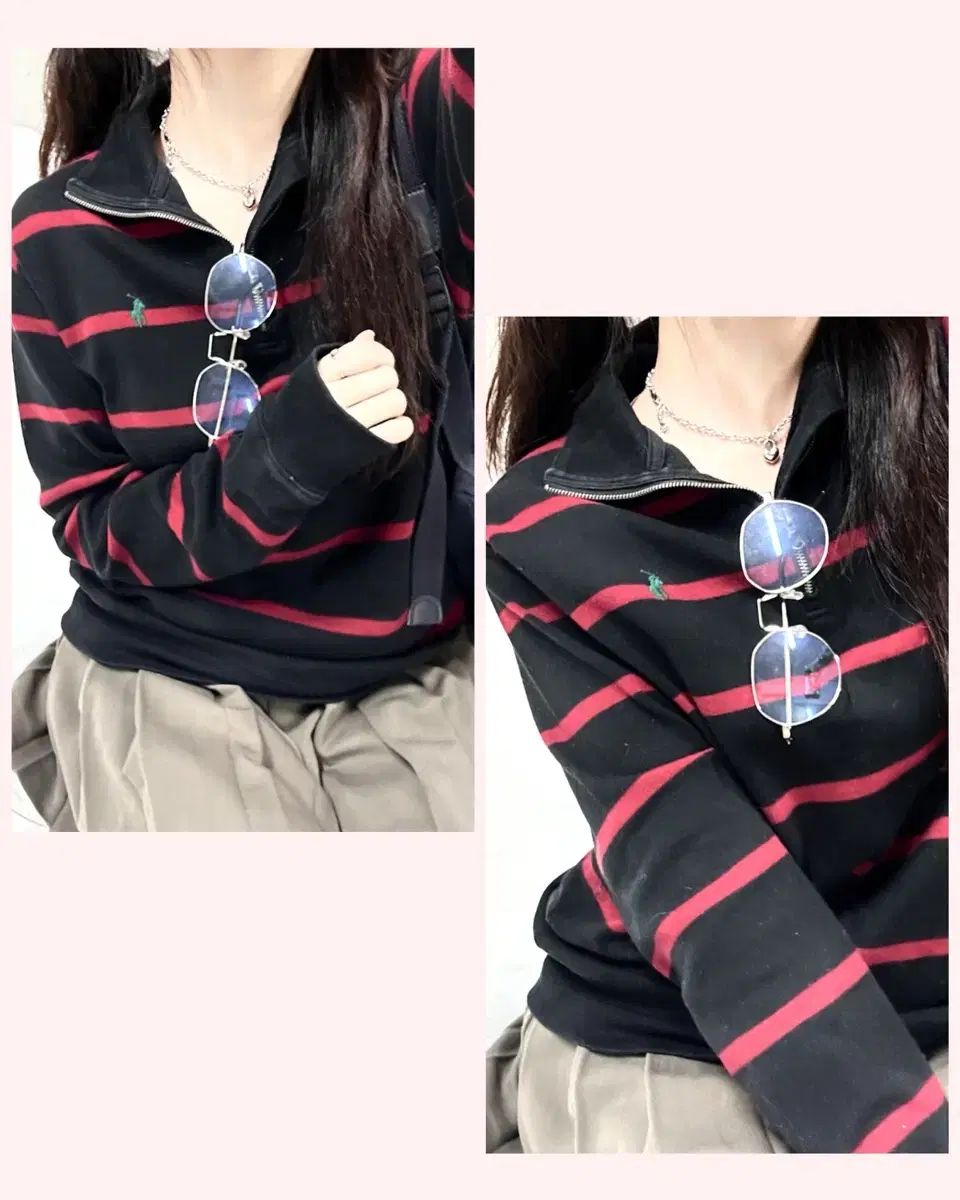 ポロ 新モデル グリーン ポニー ボーダー柄 コットン ハーフジップ