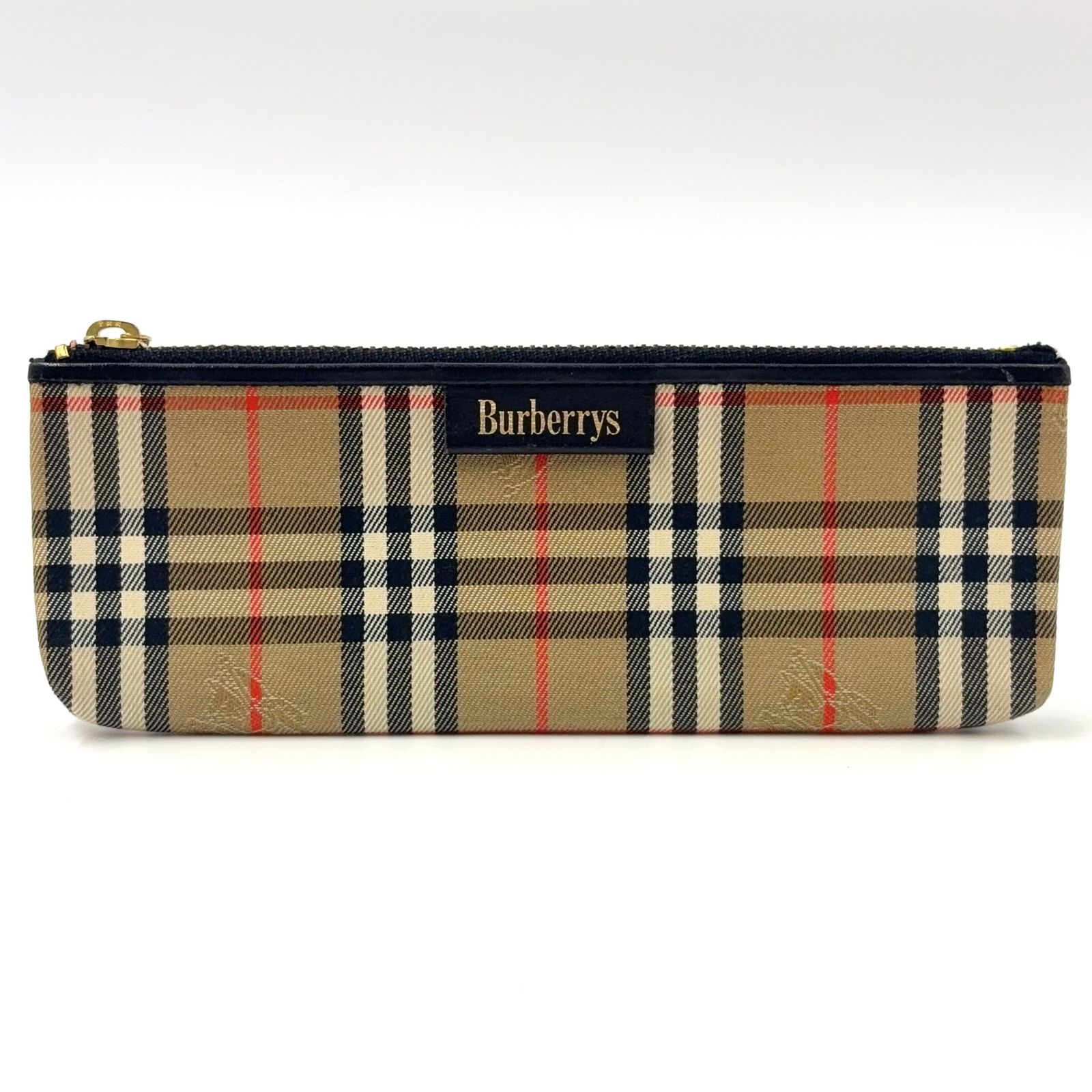 BURBERRY ノバチェック柄 ポーチ レザー キャンバス ブラック マルチ ライトブラウン ペンケース ゴールド