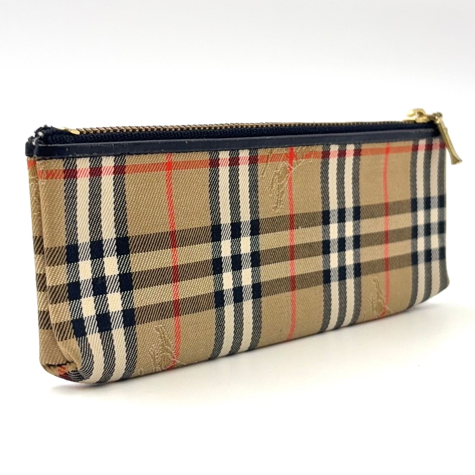 BURBERRY ノバチェック柄 ポーチ レザー×キャンバス ブラック×マルチ ×ライトブラウン ペンケース ゴールド