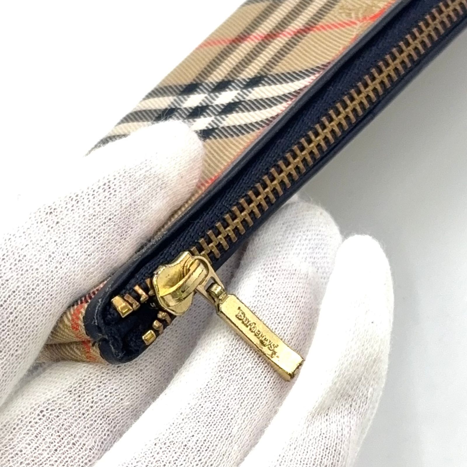  BURBERRY ノバチェック柄 ポーチ レザー×キャンバス ブラック×マルチ ×ライトブラウン ペンケース ゴールド その他 小物