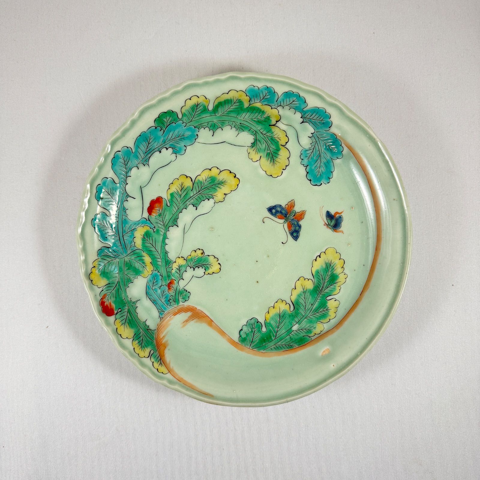 古伊万里 青磁色絵 大根に飛蝶文皿