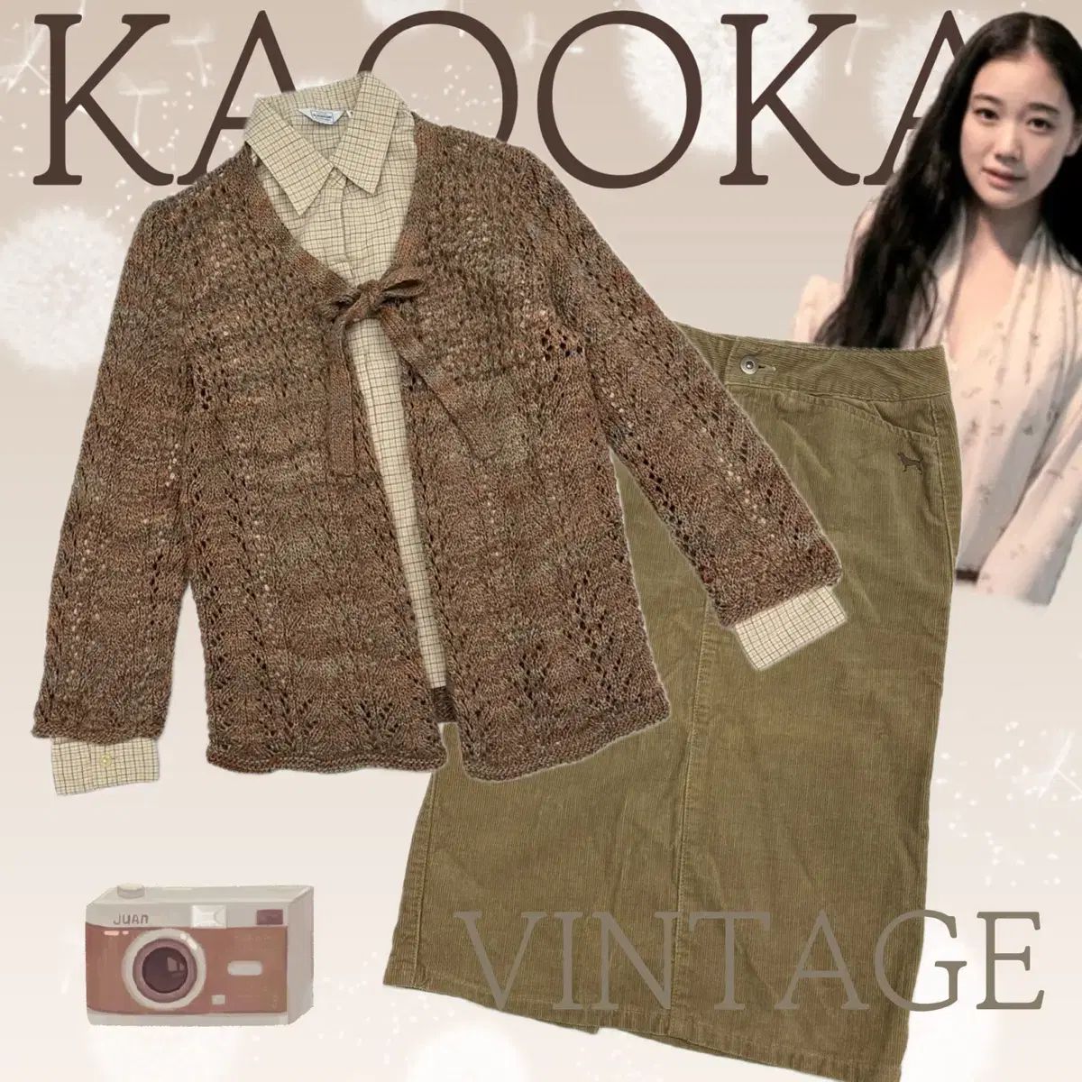 日本 ヴィンテージ 秋 森ガール エスニック ニット シャツ コーデュロイ グランジ スカート コーディネートセット