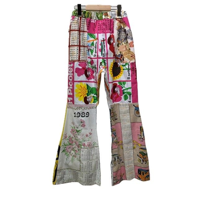 Remake フ パンツ カレンダー ボトムス ウエストゴム ブーツカット ファブリックカレンダー タペストリー パッチワーク 再構築 リメイク 古着
