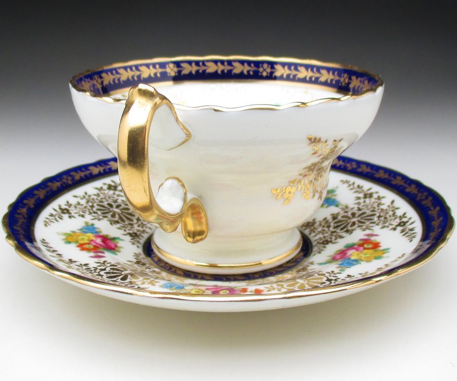  コウルドン 藍縁金彩花絵 トリオ カップ＆ソーサー＆プレート アンティーク 1905年 e カップ ソーサー コーヒー ティーカップ
