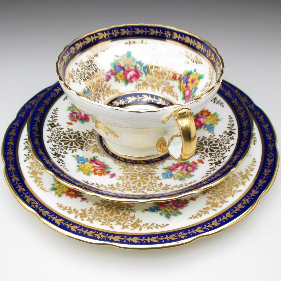 コウルドン 藍縁金彩花絵 トリオ カップ＆ソーサー＆プレート