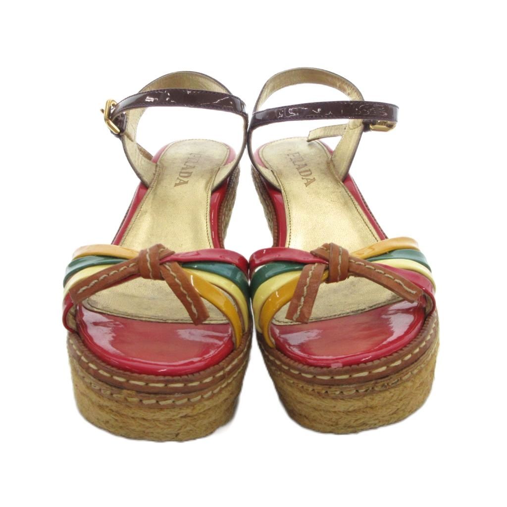 プラダ PRADA サンダル 35.5 ゴールドカラー 金色 赤 レッド ウェッジ