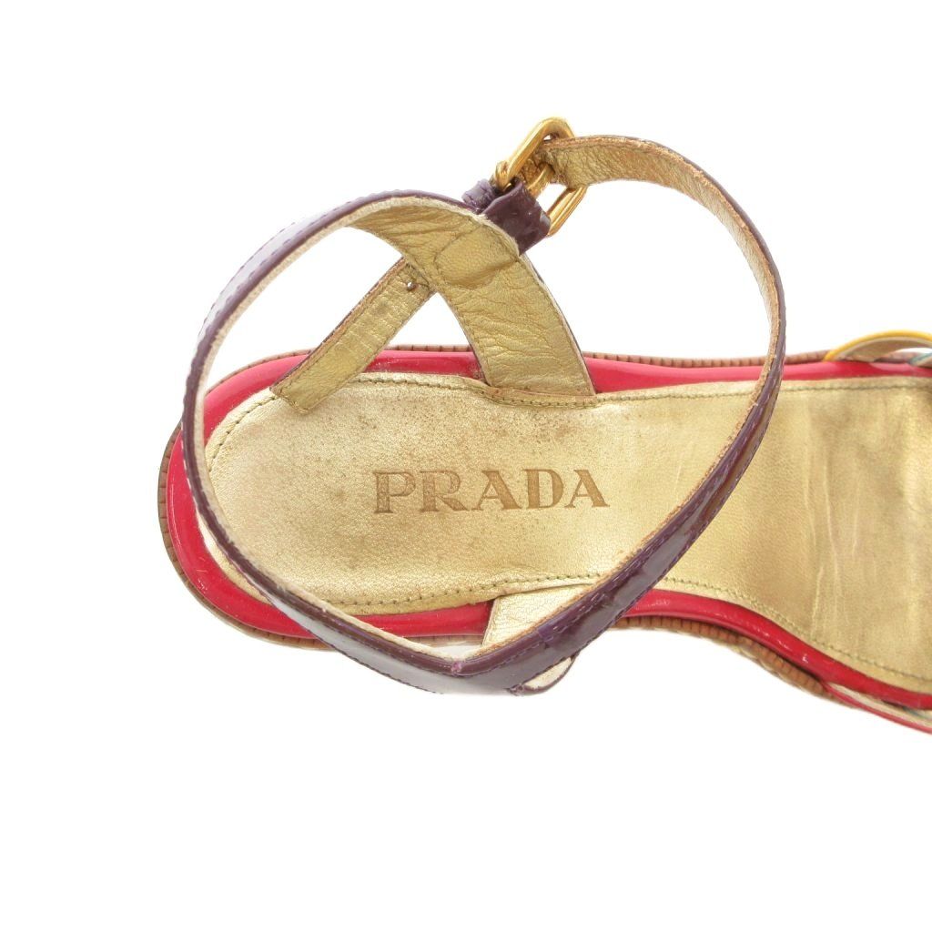 プラダ PRADA サンダル 35.5 ゴールドカラー 金色 赤 レッド ウェッジ
