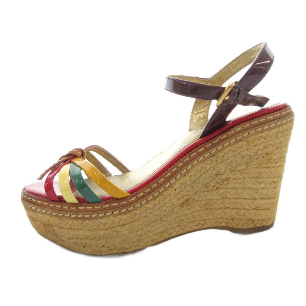 プラダ PRADA サンダル 35.5 ゴールドカラー 金色 赤 レッド ウェッジ