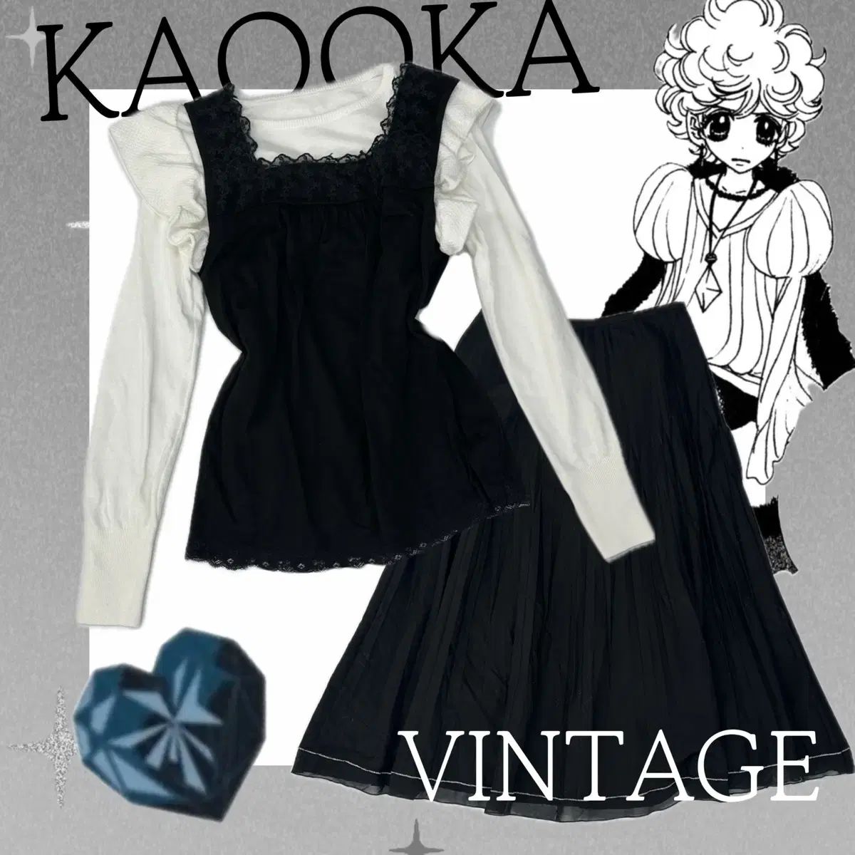 日本 ヴィンテージ シュシュ 룬 漆黒 バニラ 地雷 ブラック フリル レース スカート コーディネートセット