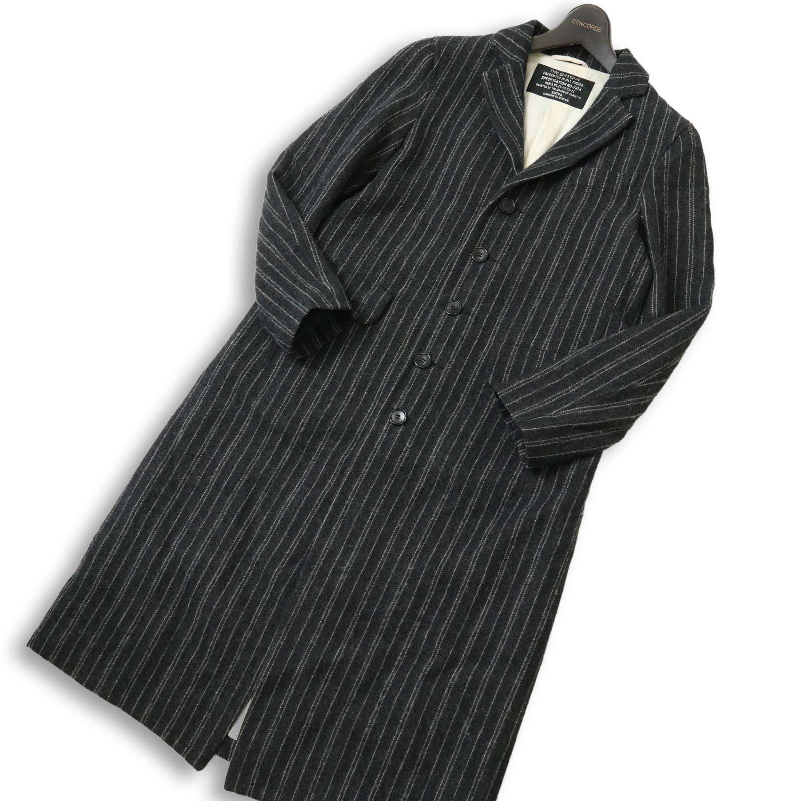 CABANE de ZUCCa カバンド ズッカ 秋冬 麻 リネン ウール混 ストライプ チェスター コート Sz.S メンズ 灰 グレー 日本製