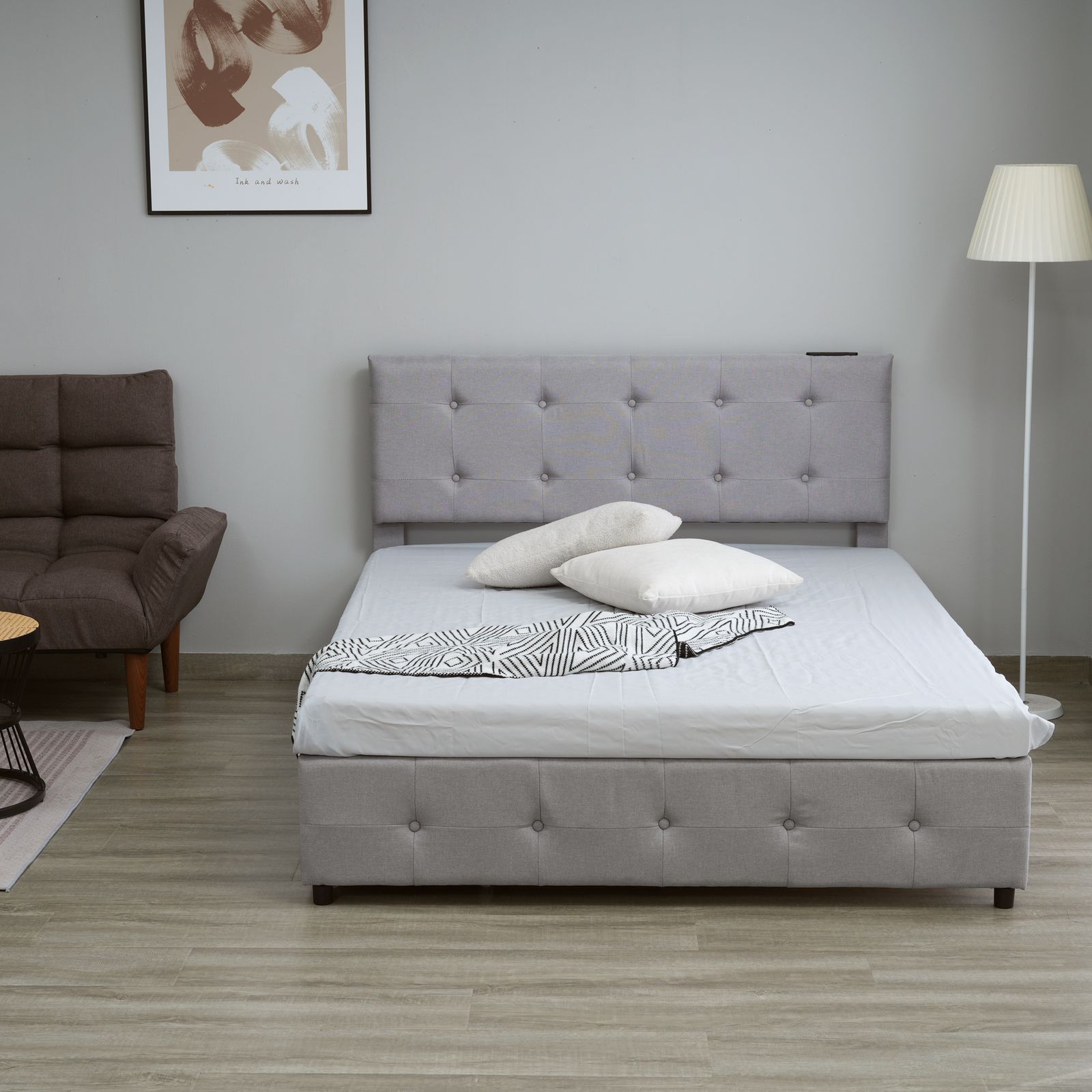 D ファブリックベッド ベッドフレームのみ ダブル 引き出し付き 布貼り